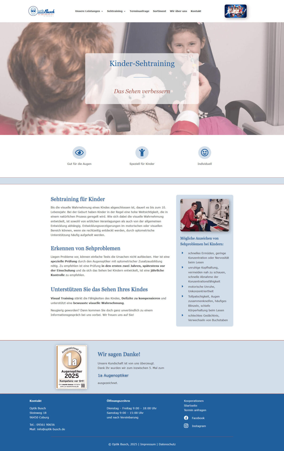 Webdesign für Optik Busch - Unterseite Erstellte Website von Optik Busch mit Darstellung der Unterseite Kinder-Sehtraining