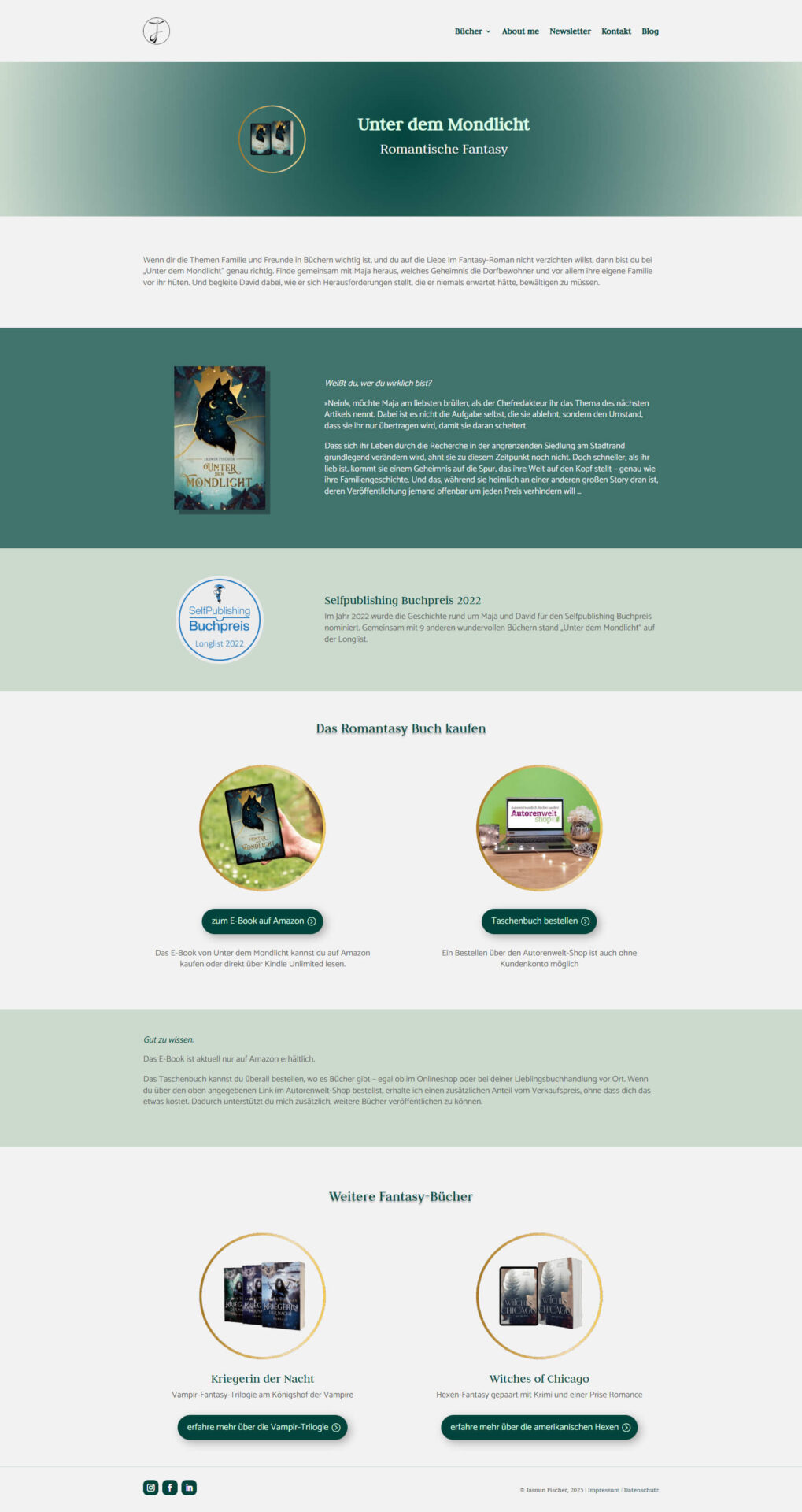 Webdesign für Autorin Jasmin Fischer Buchseite auf der Website von Fantasy-Autorin Jasmin Fischer